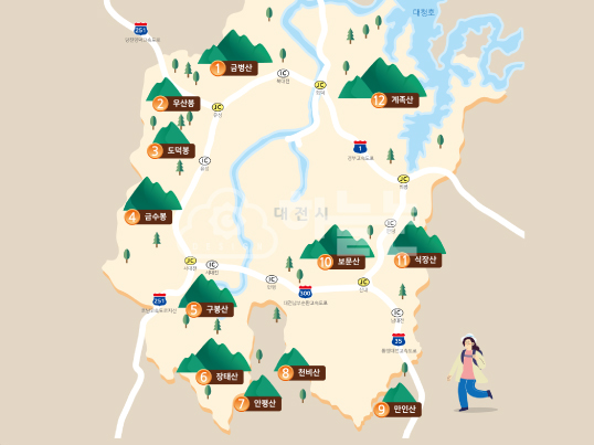 대전 근교 12산 산안내도 관광지도 안내지도 테마지도 그림지도 하늘눈 루트맵